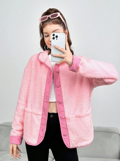 Teen Girls' Casual And Cute College Style Patchwork Contrast Color Jacket