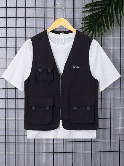 SHEIN Teenage Boys' Casual Utility Vest With Multiple Pockets, Sleeveless