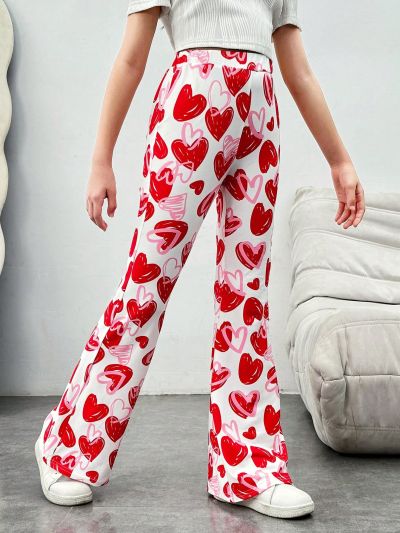 SHEIN Kids Y2Kool Girls' Fashionable Knit Bell-Bottom Pants With Sweetheart Design