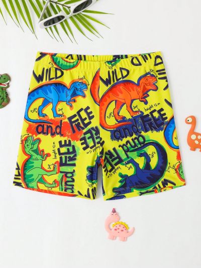 1pc Cartoon Dinosaur And Letter Printed Swimsuit Shorts For Tween Boys