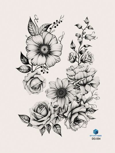 1pc Black Flower & Floral Pattern Temporary Tattoo Sticker For Arm, Chest, Abdomen, Back