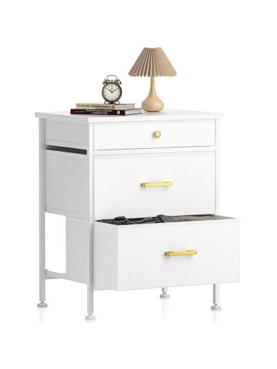 GINRGINR White Nightstand with Different Size Drawer, Bedside Table with 3 Fabric Drawers of Faux Leather, Modern Night Stand End Table for Bedroom, White, 13.8"D x 18.5"W x 25"H, White