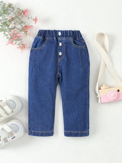 Baby Girls' Basic Leisure Elastic Waistband Soft Denim Tapered Pants With Button Front Details, Medium Blue Wash