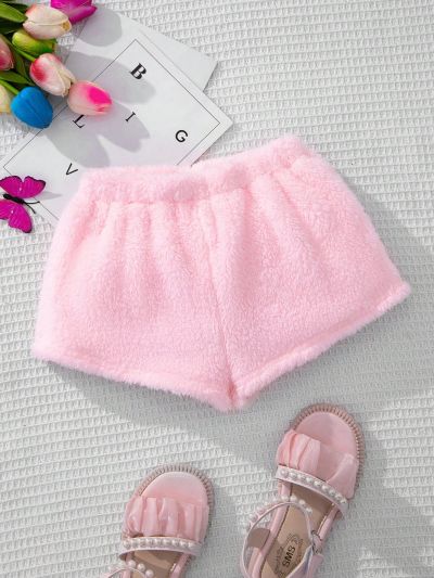 SHEIN Girls Street Fashion Sports Knitted Double-sided Velvet Solid Color Straight Shorts