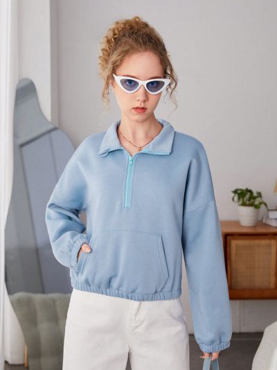 Teen Girls Zippered Half-Fly Drop Shoulder Long-Sleeved Sweatshirt