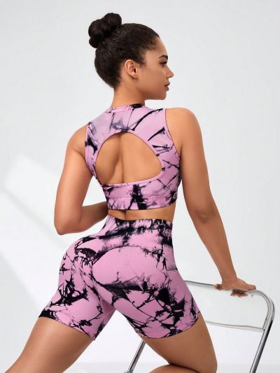 SHEIN Tie-Dye Backless Vest And High Waisted Shorts Set For Women's Sports