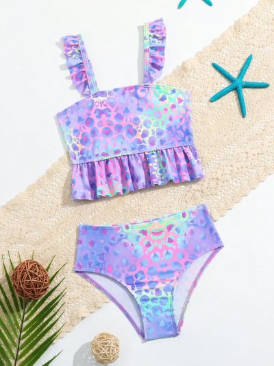 Little Girls' Leopard Print Halterneck Vest Style Bikini