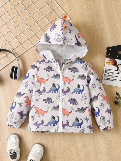 SHEIN Toddler Boys' Casual Lightweight Zip Up Hooded Coat With Cute Dinosaur Print For Spring And Summer