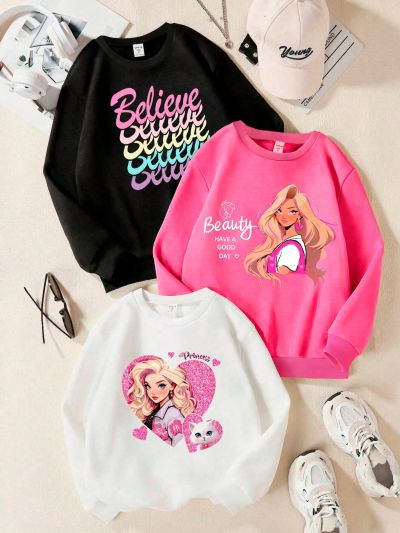 SHEIN Little Girls' Letter Print Round Neck Sweatshirt