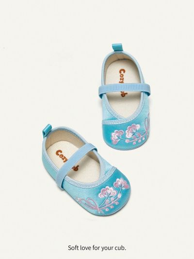 Cozy Cub Embroidered Princess Baby Shoes, Soft Bottom Walking Shoes For Baby Girls