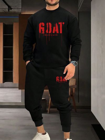 Manfinity LEGND Men's Plus Size Letter Printed Round Neck Sweatshirt And Sweatpants Set