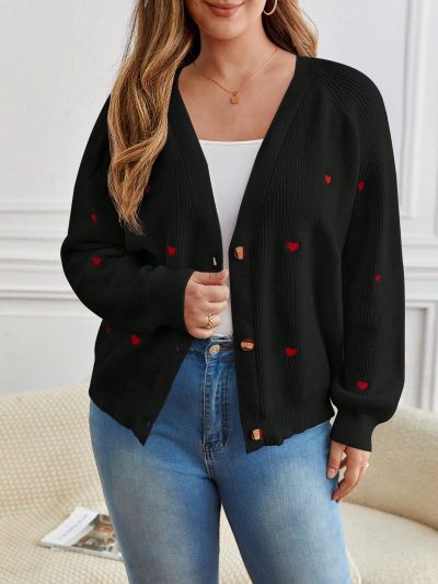 SHEIN CURVE+ Women's Plus Size Heart Embroidery Button Front Cardigan