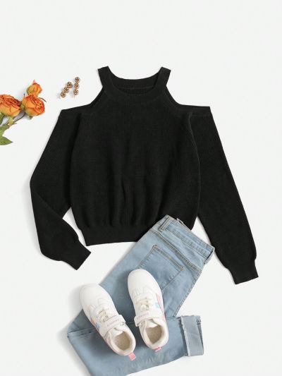 SHEIN Teenage Girls' Long Sleeves Off-Shoulder Casual Sweater