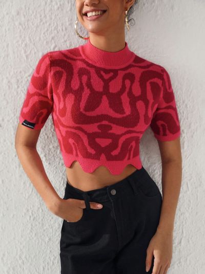 NIKA BISOU Women'S Wavy Knit Mock Neck Top