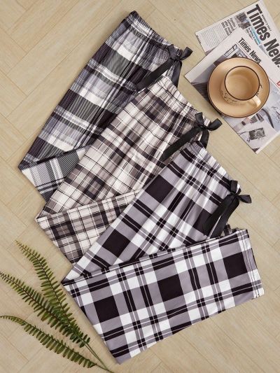 Women's Plaid Black & White Long Pants With Waist Bow Decoration