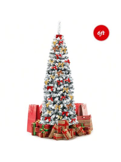 Gymax 6ft Snow Flocked Pencil Christmas Tree Artificial Pine Tree w/ Metal Stand