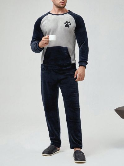 Men Paw Embroidery Raglan Sleeve Flannelette PJ Set