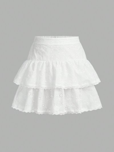 SHEIN Kids QTFun Tween Girls' Embroidered Hollow Out Floral Fabric Layered Skirt With Lace Hem