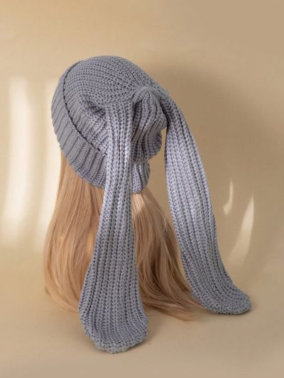 1pc Women's Grey Long Rabbit Ear And Folded Brim Knitted Hat, Fun Knitting Hat Without Brim, Thick Knitted Warm Headgear For Autumn Winter Parties