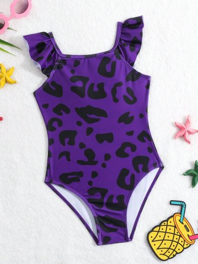 Young Girls' Purple Leopard Print Swimsuit (Random Print) With Ruffles Decoration And No Edge Locking