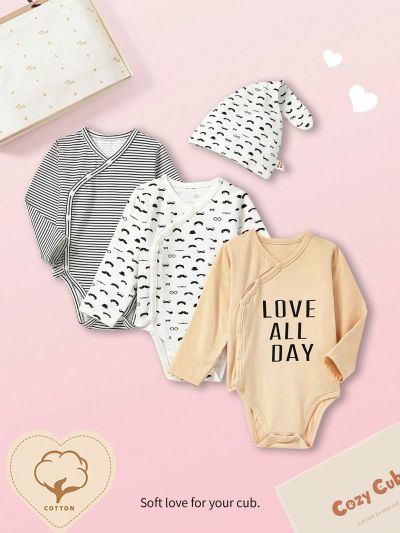 Cozy Cub Newborn Baby Boy Gift Set With Cartoon Alphabet Striped Pattern Round Neck Long Sleeve , Hat And Gloves (5pcs)