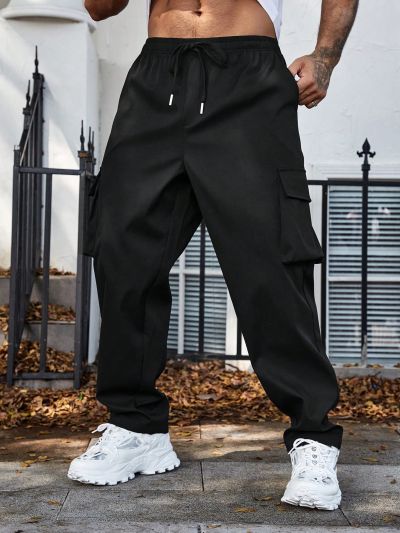 Extended Sizes Men's Solid Color Waist Drawstring Cargo Pants