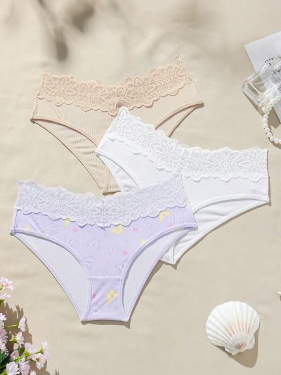 3pcs Lace Embellished Ribbed Knit Thong Underwear