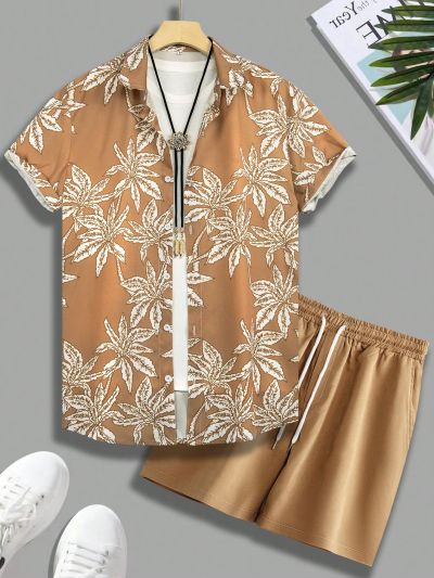 Men'S Flower Print Short Sleeve Shirt And Shorts Set