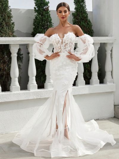 SHEIN Belle One Shoulder V-Neck Back Tie Wedding Dress With 3d Floral Fabric And Mesh Skirt