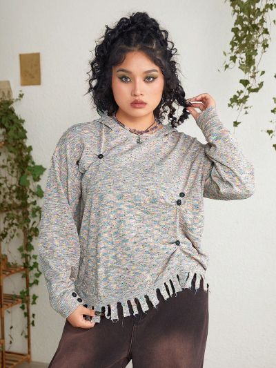 ROMWE PUNK Plus Size Marble Knit Button Decorated Sweater