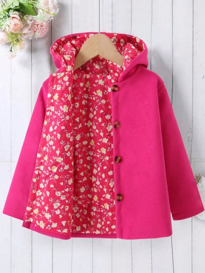 SHEIN Kids EVRYDAY Little Girls' Floral Print Lined Woolen Coat With Upturned Buttoned Hood