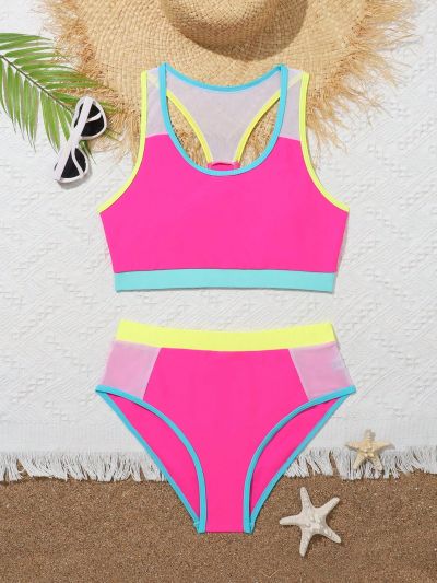 Teen Girl Color Block Mesh Patchwork Bikini Set