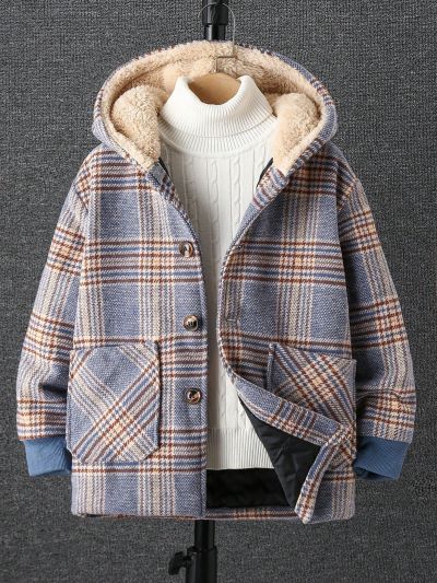 SHEIN Kids Academe Tween Boy 1pc Plaid Dual Pocket Contrast Teddy Hooded Overcoat