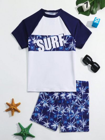 Teen Boy's Color Blocking Drop Shoulder Short Sleeve Top With Letter And Coconut Tree Print, Trunks Swimming Suit Set