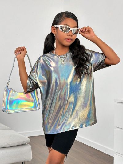 SHEIN Kids Cooltwn Tween Girl's Cool Street Style Knitted Round Neck Short Sleeve Top For Spring/Summer