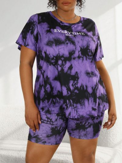 SHEIN CURVE+ Plus Size Women's Letter Print Tie Dye Short Sleeve T-Shirt And Shorts Set