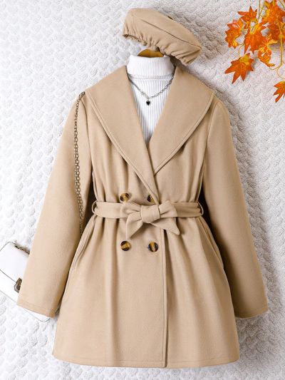 Teen Girl Double Breasted Belted Overcoat & Hat