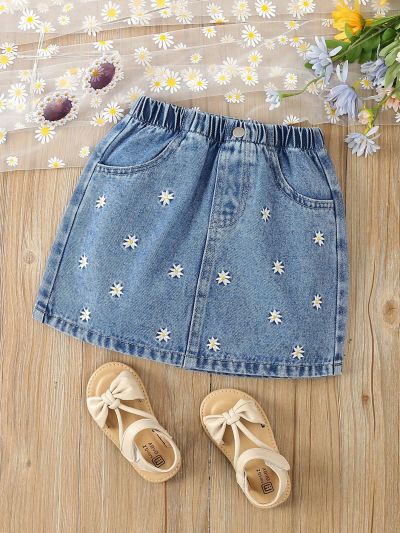 Little Girls' Comfortable Denim Skirt With Daisy Embroidery, Casual Style