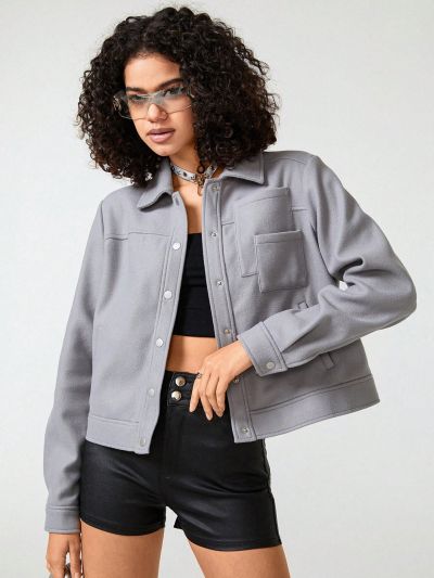 Maria Velarde Solid Button Front Pocket Patched Overcoat