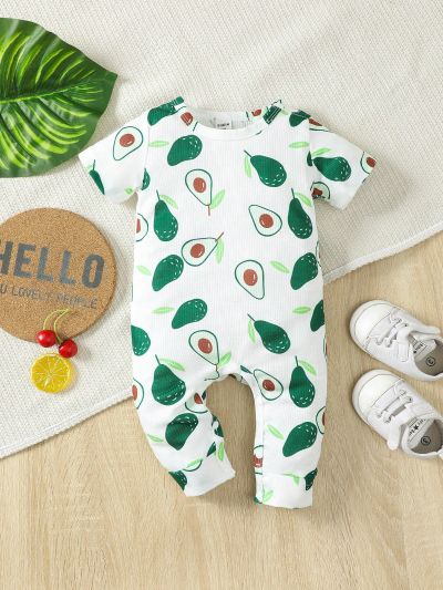 Stylish Casual Avocado Printed Short Sleeve Romper With Round Neck For Baby Boy, Summer