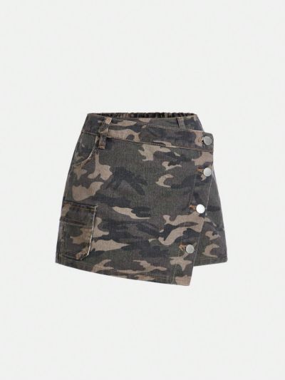 SHEIN Tween Girls' Camouflage Pattern Denim Skort With Asymmetrical Hem