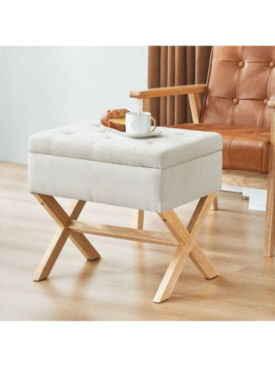 Fumahaus Square Storage Faux Linen Vanity Bench Sherpa Mondern Footrest Stool with Wood Legs