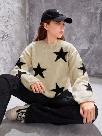 Teen Girls' Trendy Loose Fit Star Pattern Drop Shoulder Sweater