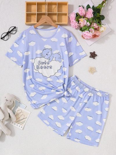 Teen Girls' Cute Cloud & Bear Printed Short Sleeve Top And Shorts Set, Homewear
