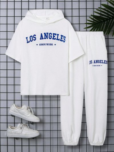 SHEIN Teen Boy Casual Letter Printed Short Sleeve Hooded Top And Pants Set For Spring/Summer