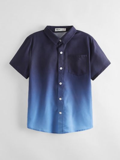 SHEIN Teen Boys' Casual Loose Fit Gradient Printed Woven Shirt With Turn-Down Collar