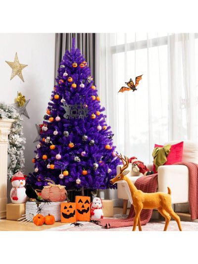 Costway 7ft Pre-lit Purple Halloween Christmas Tree w/ Orange Lights Pumpkin Decorations