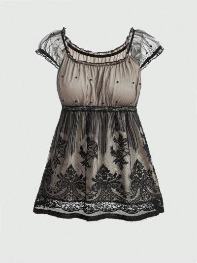 ROMWE Fairycore Womens Two-Color Patchwork Mesh Lace T-Shirt