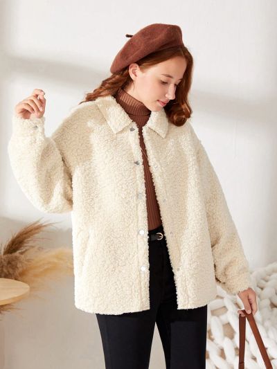 Teen Girl Drop Shoulder Button Front Teddy Coat