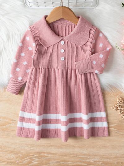 Baby Girls' Geometric Pattern Long Sleeve Sweater Dress